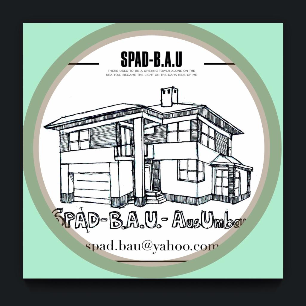 Ilustracja przedstawiająca dwukondygnacyjny dom z garażem, otoczona okręgiem z nazwą firmy SPAD-B.A.U. i adresem e-mail spad.bau@yahoo.com.