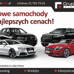 Kompozycja czterech nowoczesnych samochodów różnych marek (BMW, Audi, Volvo, Mercedes) na białym tle z logo GrupaAuto Finanse i hasłem 'Nowe samochody w najlepszych cenach!'