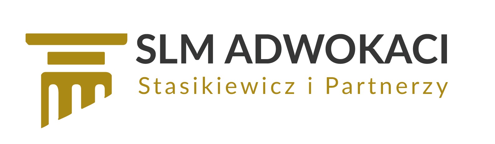 Logo kancelarii prawnej SLM Adwokaci Stasikiewicz i Partnerzy z symbolem kolumny w kolorze złotym i czarnym napisem.