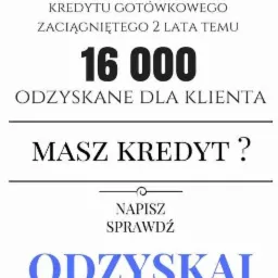 Grafika informacyjna: Odzyskano 16 000 dla klienta z kredytu gotówkowego 50 000 zaciągniętego 2 lata temu. Napisz, sprawdź, odzyskaj. Logo Platinum Eye - oko na Twoje finanse.