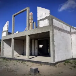 Surowy stan domu z betonu komórkowego w trakcie budowy, widoczne ściany, filary i strop, na zewnątrz widać niebo i drzewa.