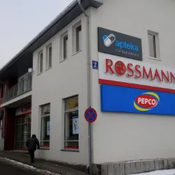Budynek handlowo-usługowy z szyldami Apteka, Rossmann i Pepco, widok z zewnątrz w pochmurny dzień.