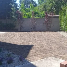 Nowo założony trawnik z dosiewką, widoczne młode drzewka i rabata z kamykami oraz kwitnącymi roślinami, betonowy płot w tle.