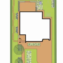 Rzut z góry na projekt ogrodu z domem, basenem, tarasem, ścieżkami i roślinnością, z uwzględnieniem stref funkcjonalnych i elementów dekoracyjnych.