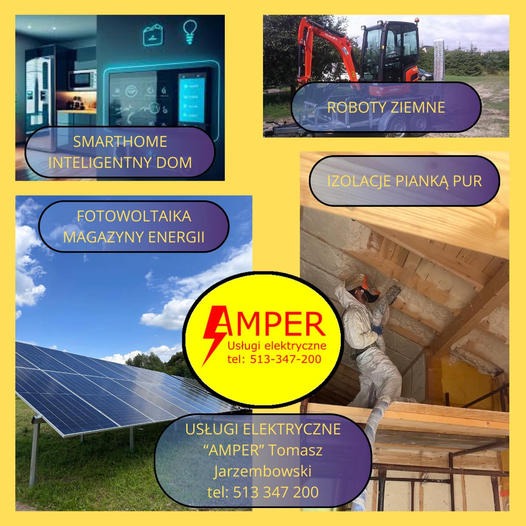 Żółte tło z kolażem zdjęć prezentujących usługi firmy: inteligentny dom, roboty ziemne, izolacja, panele słoneczne oraz logotyp z nazwą firmy Amper i numerem telefonu.