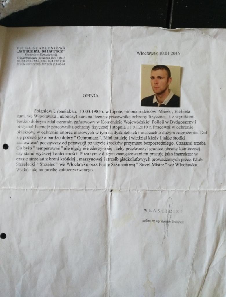 Skan dokumentu z opinią o pracowniku ochrony fizycznej, zawierający zdjęcie portretowe, datę Włocławek 10.01.2015 oraz podpis właściciela.