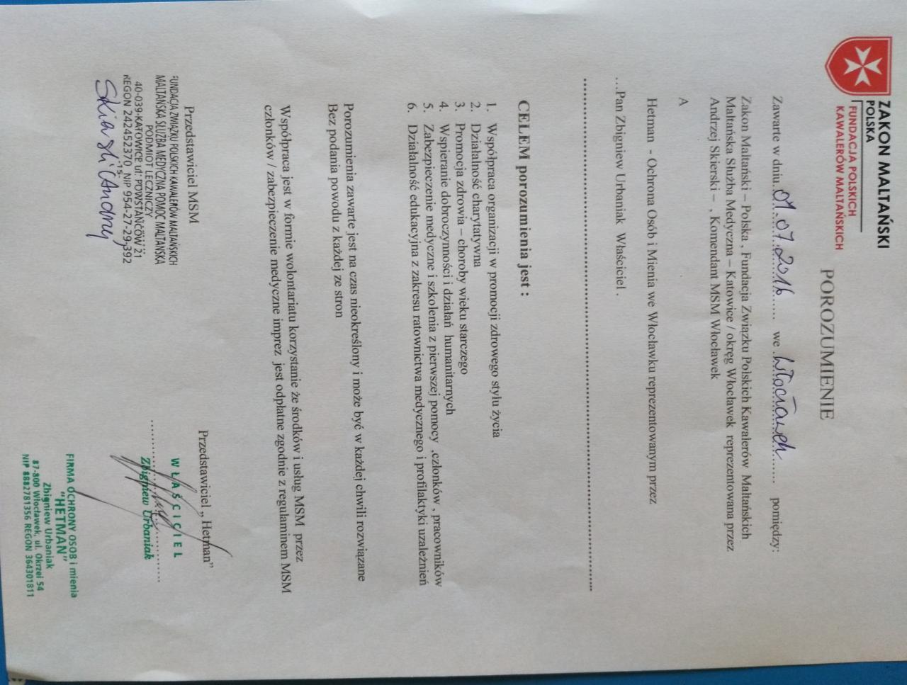 Skan dokumentu: Porozumienie o współpracy między Zakonem Maltańskim a firmą ochroniarską Hetman, dotyczące promocji zdrowia i zabezpieczenia medycznego.