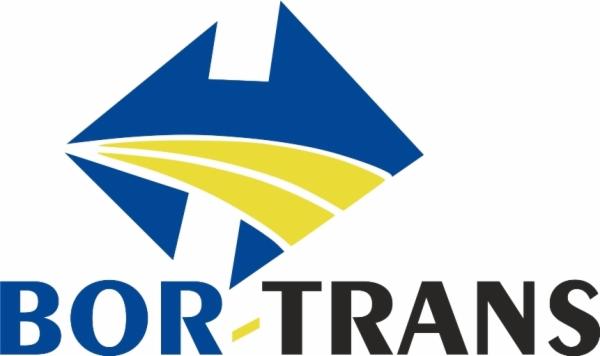 Logo firmy BOR-TRANS z niebieskim rombem i żółtymi pasami u góry, poniżej nazwa firmy w kolorach niebieskim i czarnym.