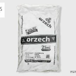 Worek 25 kg z napisem 'ORZECH II' zawierający węgiel kamienny, z widocznymi informacjami o kaloryczności i wymiarze ziarna, marki AUPS.