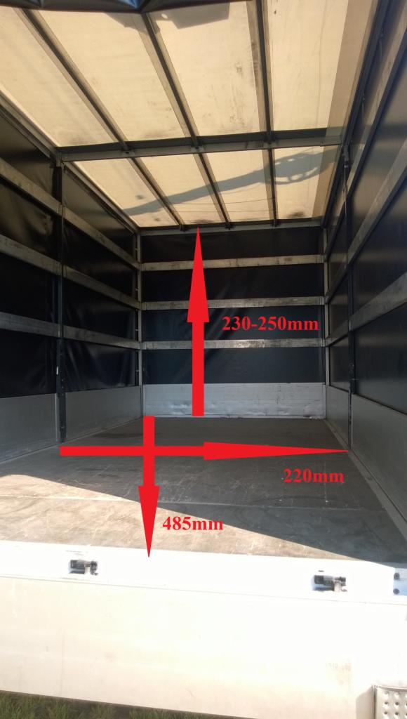 Wnętrze paki busa z zaznaczonymi wymiarami, widok od tyłu, pusta przestrzeń ładunkowa z podłogą w kolorze jasnego betonu i czarnymi ścianami.