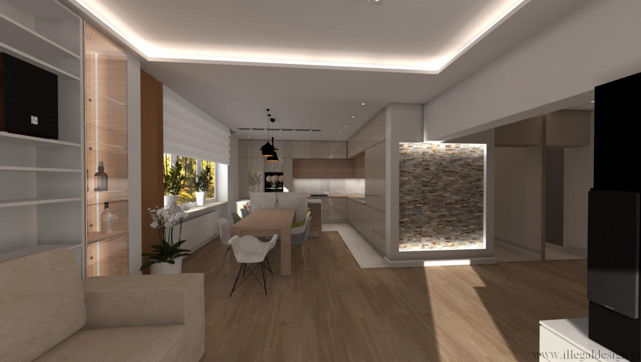 Wnętrze otwartej przestrzeni: salon z jadalnią i kuchnią w neutralnej kolorystyce, z drewnianą podłogą, białymi meblami, kamienną ścianą z podświetleniem, roślinami w oknie i nowoczesnym oświetleniem.