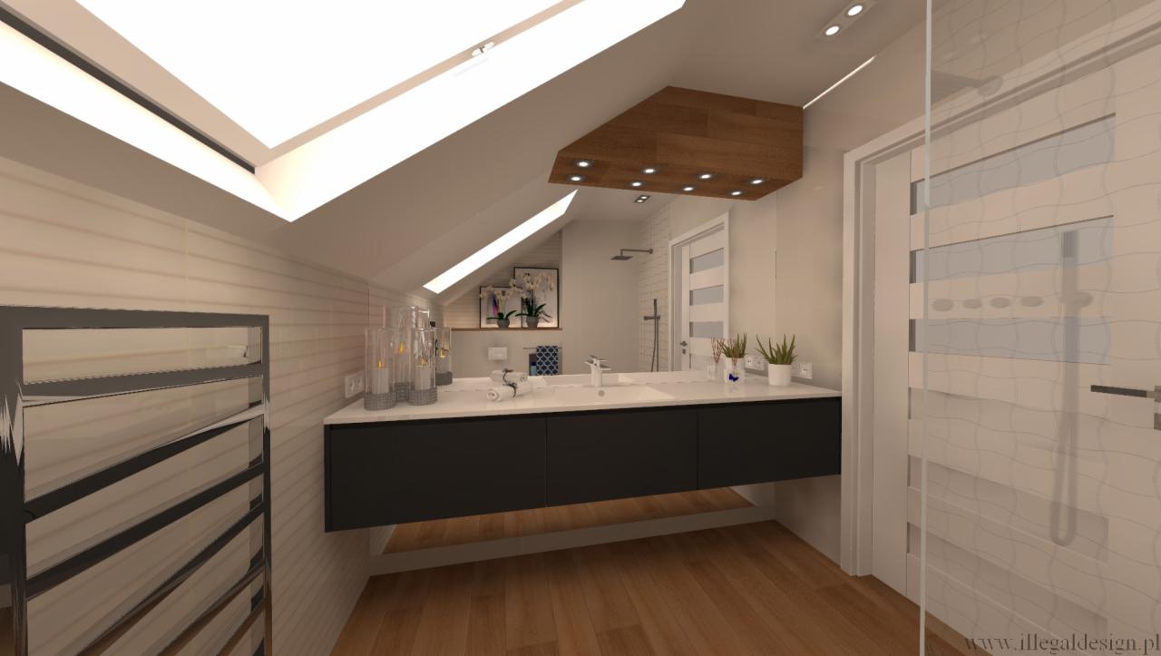 Wizualizacja łazienki na poddaszu z drewnianą podłogą, czarną szafką pod umywalką, ogrzewanym wieszakiem na ręczniki i oknem dachowym.