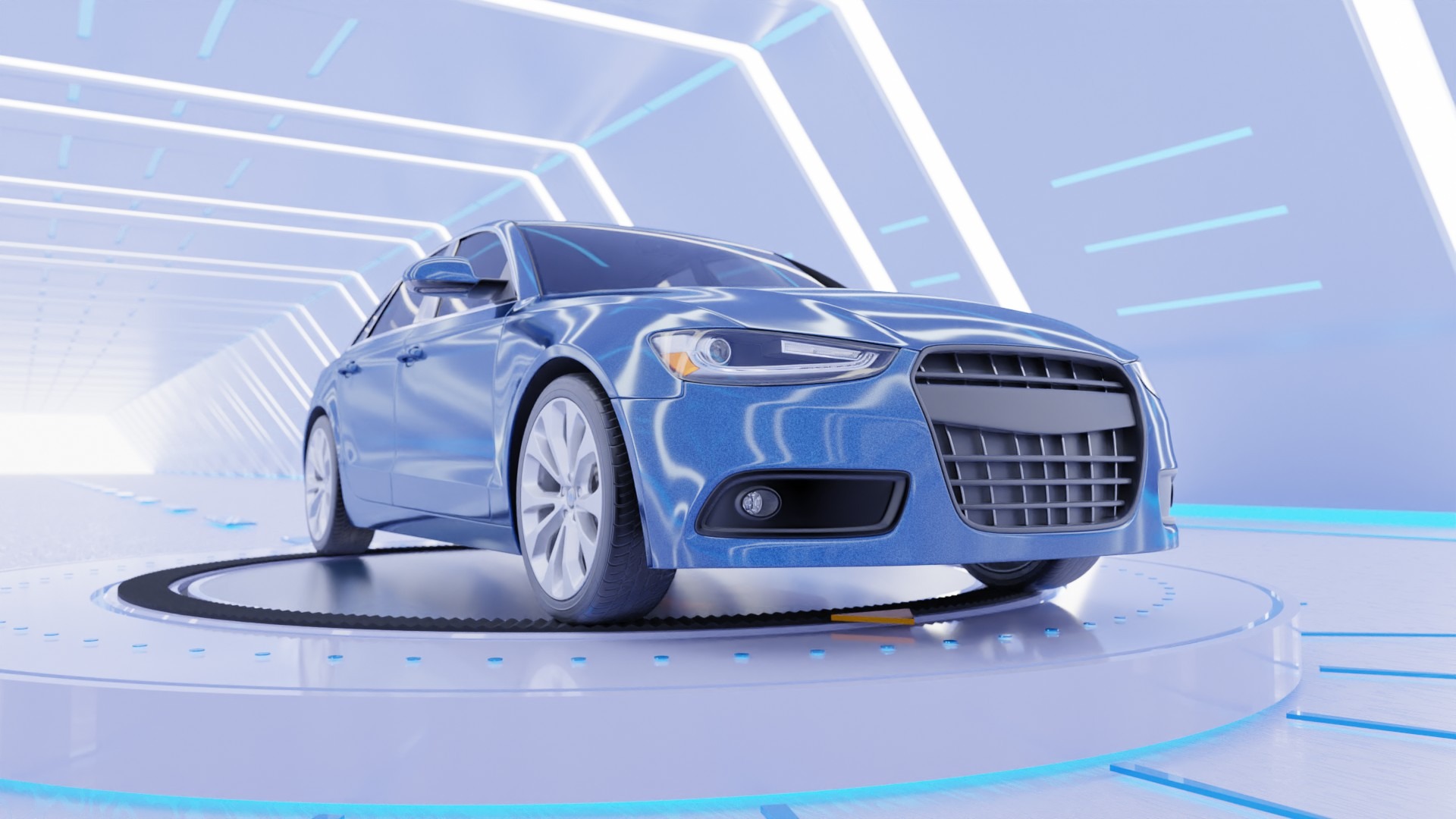 Błękitny samochód osobowy w animacji 3D, prezentowany na obrotowej platformie w futurystycznym, oświetlonym tunelu.