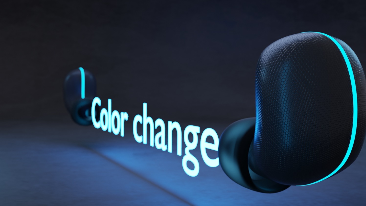 Kadr z animacji o bezprzewodowych słuchawkach. - modelowanie 3D - teksturowanie - oświetlenie - animacja