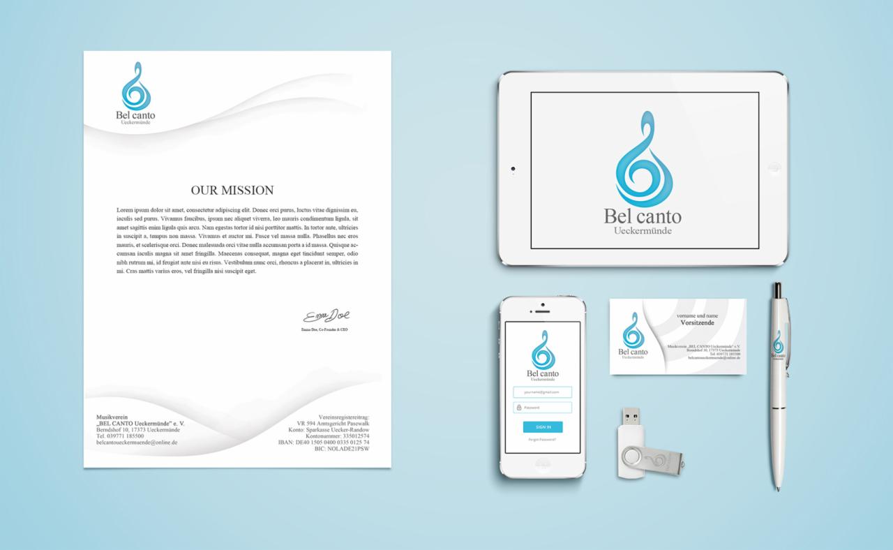 Kompletny zestaw identyfikacji wizualnej firmy Bel Canto Ueckermünde, zawierający papier firmowy, wizytówkę, wygląd strony logowania aplikacji mobilnej, logo na tablecie, pendrive i długopis...