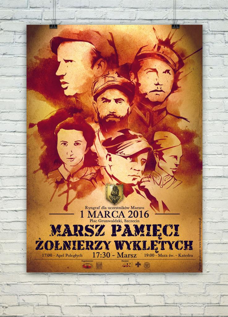 Plakat informujący o Marszu Pamięci Żołnierzy Wyklętych, Szczecin, 1 marca 2016, stylizowany na retro, z portretami uczestników i datami wydarzeń.