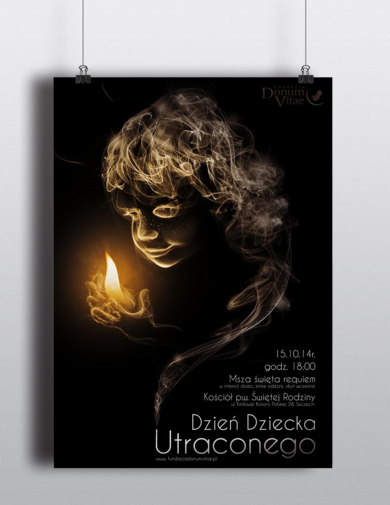 Plakat informujący o mszy świętej requiem w intencji dzieci utraconych, z wizerunkiem dziecka otoczonego świetlistą aurą, trzymającego płomień.