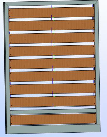 Wizualizacja 3D metalowej ramy z drewnianymi panelami, widoczne śruby mocujące, perspektywa frontalna.