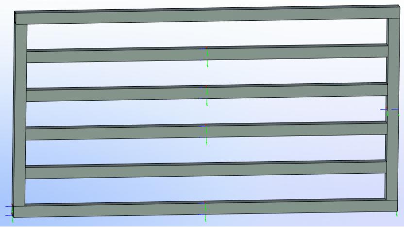 Konstrukcja ramy metalowej z poziomymi poprzeczkami, widok z przodu, szary kolor, model 3D.