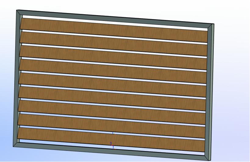 Wizualizacja 3D stalowej ramy z drewnianymi lamelami, ustawionymi pod kątem, tworzącymi żaluzje.