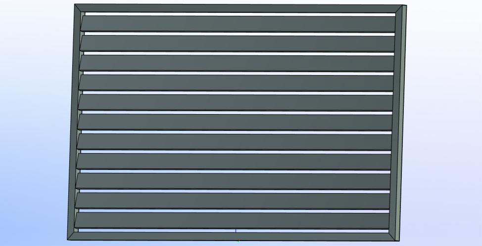 Szare metalowe żaluzje w ramie, widok z przodu, równoległe lamele ustawione pod kątem, wizualizacja 3D.