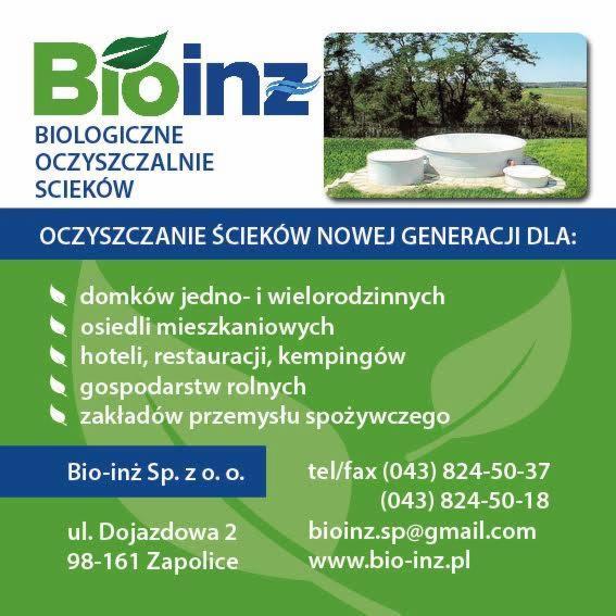 Reklama biologicznych oczyszczalni ścieków nowej generacji Bioinz z trzema białymi zbiornikami w zielonym otoczeniu.
