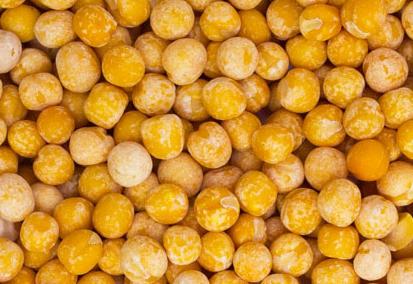 Detale ziaren grochu łuskanego, widoczne różnice w odcieniach żółci i kremu, niektóre z widocznymi pęknięciami na powierzchni.