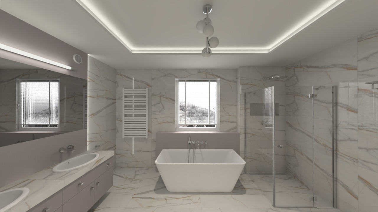 Wizualizacja łazienki z marmurowymi płytkami, wolnostojącą wanną, grzejnikiem drabinkowym i kabiną prysznicową ze szklanymi drzwiami.