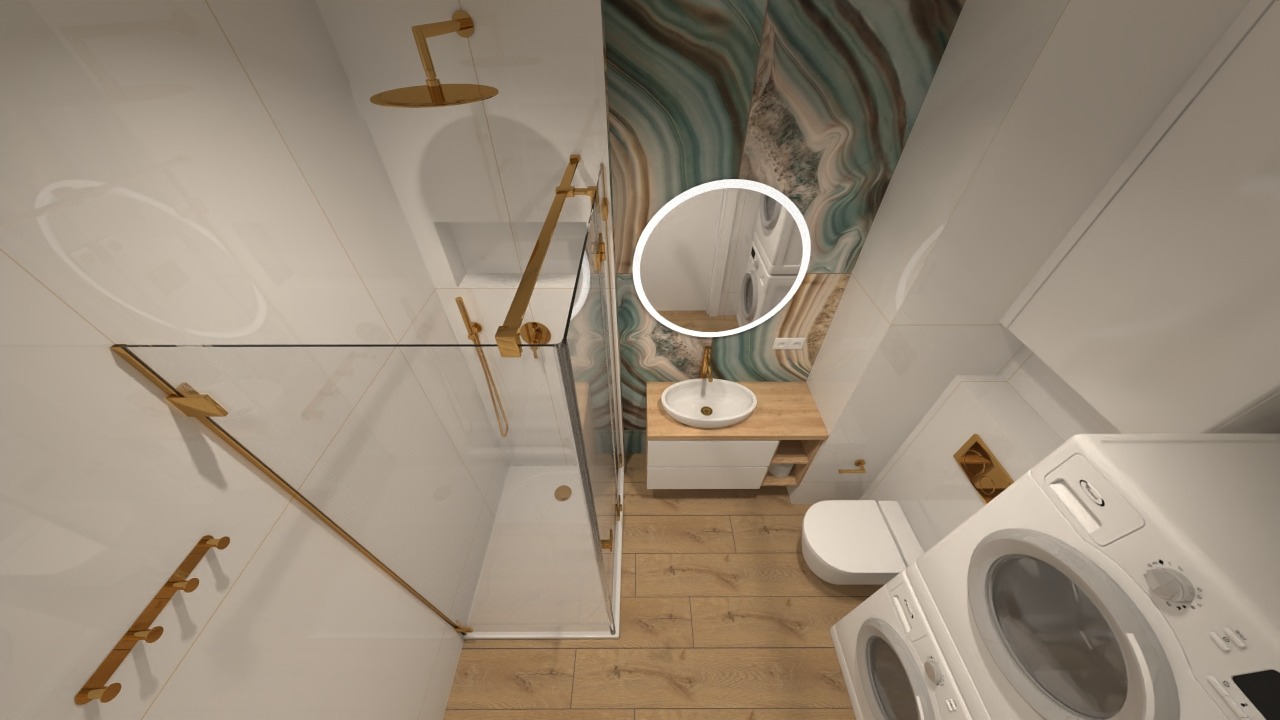 Wizualizacja łazienki z kabiną prysznicową typu walk-in z złotymi elementami, umywalką nablatową na drewnianej szafce, toaletą i pralką z suszarką.