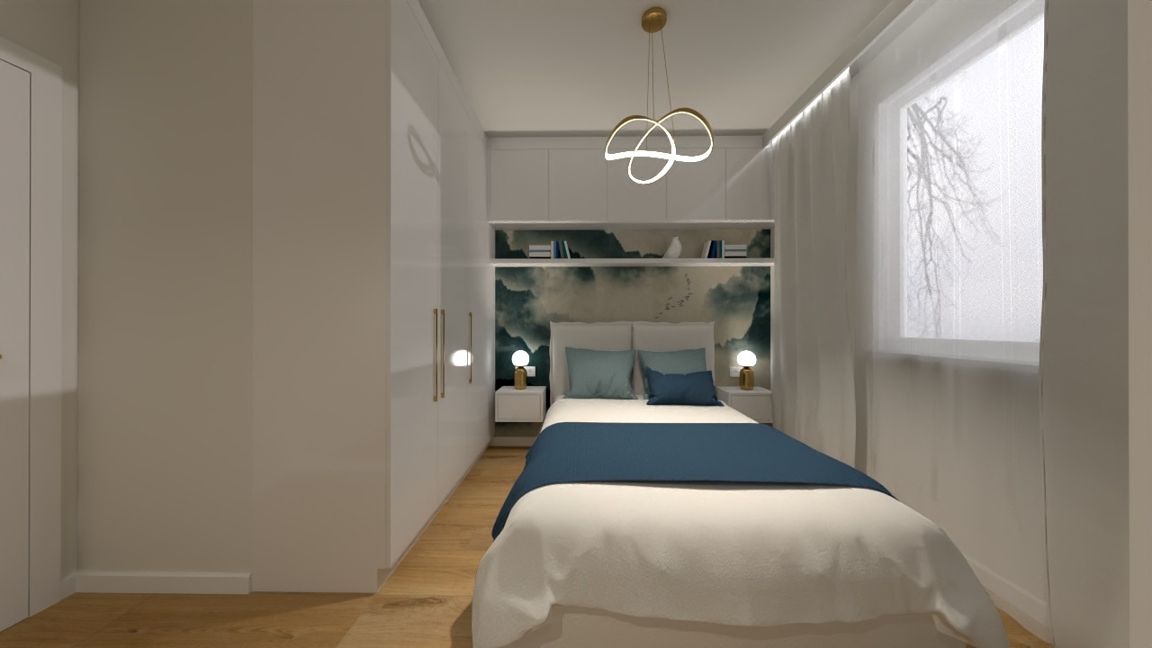 Nowoczesna sypialnia z białymi szafami w zabudowie, łóżkiem z niebieskimi akcentami i tapetą w motywie górskiego krajobrazu, oświetlona designerską lampą wiszącą.