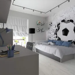 Pokój młodzieżowy z motywem piłki nożnej: fototapeta z piłkami, biurko z lampką i kredkami, łóżko z niebieskimi poduszkami, oświetlenie szynowe.