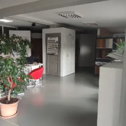 Wnętrze salonu z ekspozycją drzwi i próbek wykończeń, widoczny ficus w donicy, czerwone krzesło i biurko w tle.