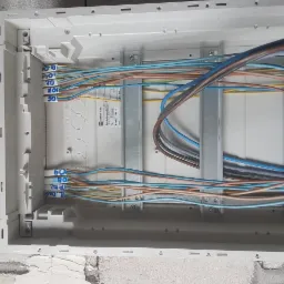 Rozdzielnica elektryczna podtynkowa z ponumerowanymi przewodami w różnych kolorach, zamontowana w ścianie z surowego betonu komórkowego.