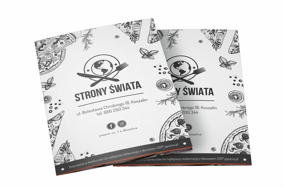 Dwa ulotki restauracji 'Strony Świata' z Koszalina, z grafiką pizzy i logiem przedstawiającym globus z widelcem i nożem, informujące o wygranej w konkursie na najlepszą restaurację z dowozem w 2017...