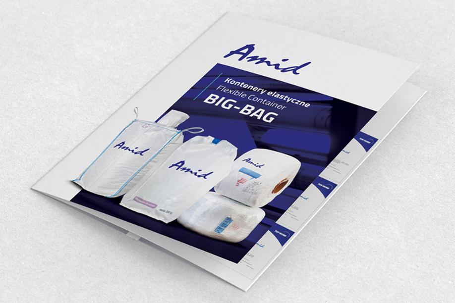 Katalog reklamowy z wizualizacją elastycznych kontenerów BIG-BAG marki Amid, na białym tle.
