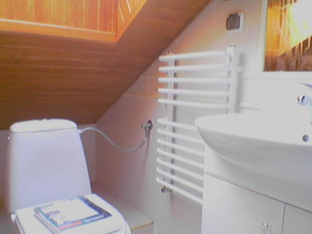 Niewielka łazienka na poddaszu ze skośnym sufitem wykończonym boazerią, widoczna toaleta z książką na desce, biała umywalka z szafką i grzejnik drabinkowy.