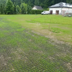 Teren z siatką drenażową i młodą trawą, widoczny fragment trawnika bez siatki, w tle budynek z panelami słonecznymi i firmowy bus.