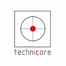 Logo firmy Technicore z motywem tarczy celowniczej z czerwoną kropką w środku, umieszczonej w szarym kwadracie.