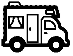 Czarno-biała ikona kampera z wyraźnie zaznaczonymi oknami i drzwiami, stylizowana na prosty rysunek liniowy, idealna do użycia w projektach graficznych.