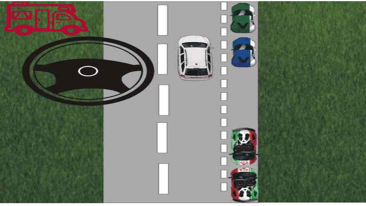 Grafika z perspektywy kierowcy: biały samochód na szarej drodze, inne auta w oddali, kierownica i ikona kampera w lewym górnym rogu, trawa po bokach.