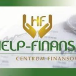 Logo firmy Help-Finanse Centrum Finansowe z symbolem dłoni podtrzymujących litery HF, na tle wykresu i monet.