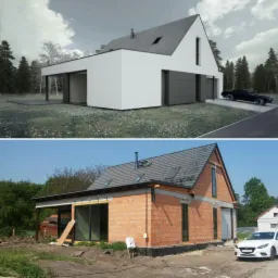 Porównanie wizualizacji 3D nowoczesnego domu z płaskim dachem i garażem z jego stanem surowym otwartym, widoczne zmiany w bryle i materiałach wykończeniowych.