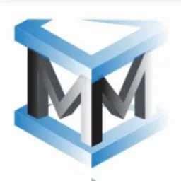 Abstrakcyjna grafika 3D: niebieska struktura z literami 'MM' w centrum, gradientowe cieniowanie, nowoczesny design.