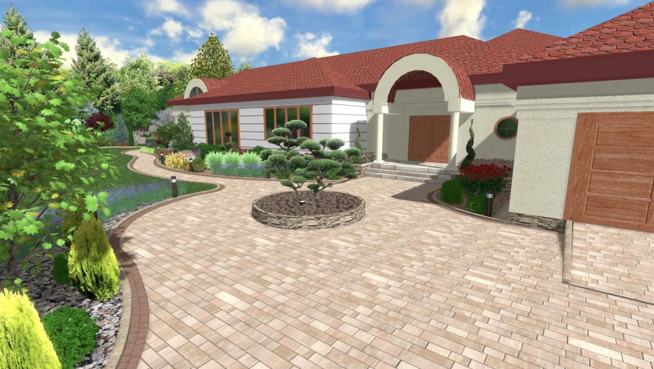 Wizualizacja domu z ogrodem: podjazd z kostki, rabaty kwiatowe, trawnik, drzewo bonsai na środku podjazdu, budynek z czerwonym dachem i drewnianymi drzwiami.