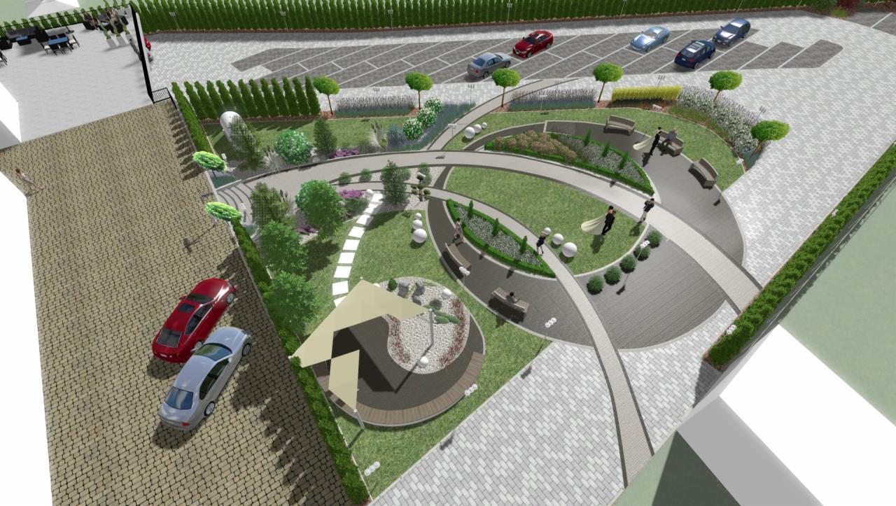 Wizualizacja projektu zagospodarowania terenu z parkingiem, ścieżkami, zielenią, miejscami do siedzenia i zadaszeniem, widok z góry.