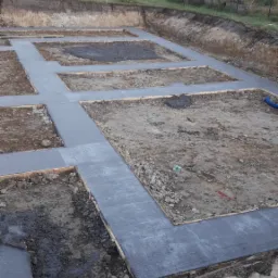 Przygotowany teren pod fundamenty z wylanym betonem w szalunkach, widoczne wykopy i ziemia.