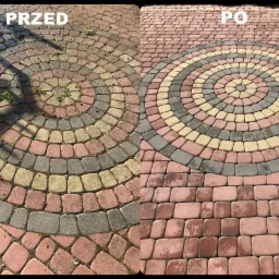 Porównanie kostki brukowej przed i po czyszczeniu, widoczne różnice w kolorze i czystości, okrągły wzór kostki.