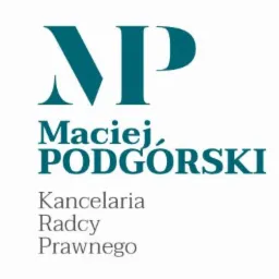 Logo kancelarii radcy prawnego Maciej Podgórski z inicjałami 'MP' w kolorze morskim na białym tle.
