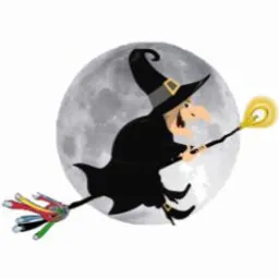Karykaturalna czarownica w czarnym kapeluszu i pelerynie, lecąca na miotle z kabli elektrycznych na tle księżyca w pełni.
