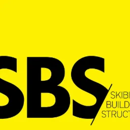 Żółte tło z czarnym logo firmy SBS Skibiński Building Structures.